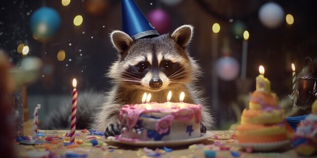 Photo le raton laveur est assis devant un gâteau d'anniversaire orné de bougies pour son jour spécial généré par l'ia