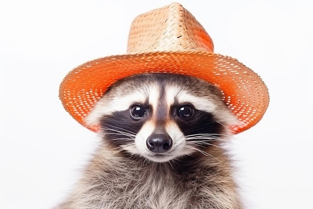 Raton laveur de fête drôle portant un chapeau d'été coloré et des lunettes de soleil élégantes isolées sur fond blanc