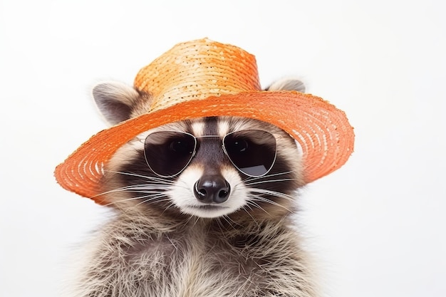 Raton laveur de fête drôle portant un chapeau d'été coloré et des lunettes de soleil élégantes isolées sur fond blanc