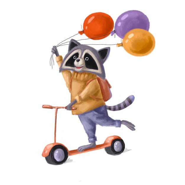 Raton laveur mignon sur scooter avec ballons illustration aquarelle vacances clipart avec personnage de dessin animé