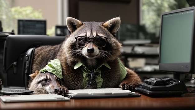 Photo un raton laveur avec un ordinateur de bureau portant des lunettes et travaillant sur une feuille de calcul