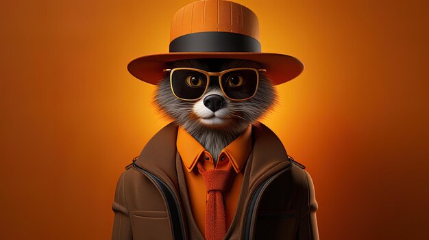 Photo un raton laveur portant un chapeau et une cravate se tient devant un fond orange