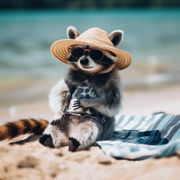 Un raton laveur portant un chapeau et des lunettes de soleil sur une plage Image générée par l'IA