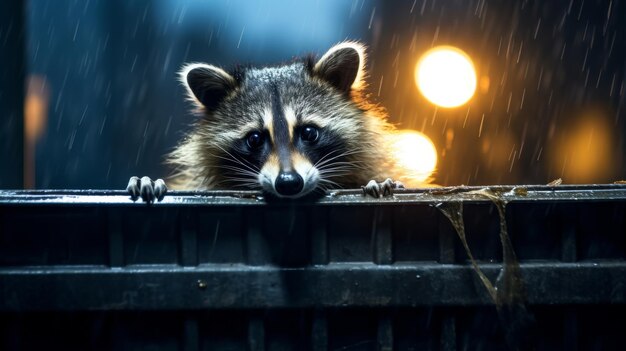 Un raton laveur regarde au-dessus d'une clôture de bois curieux de voir la pluie qui tombe autour de lui.