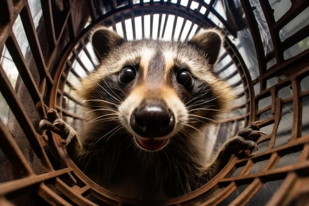 Un raton laveur regarde hors d'une cage un raton raseur regarde à travers la cage un mignon raton laveurs gris dans une cage