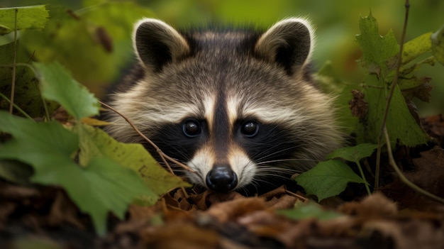 Un raton laveur se cachant dans les feuilles d'un arbre