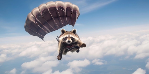 Un raton laveur vole dans le ciel avec un parachute.