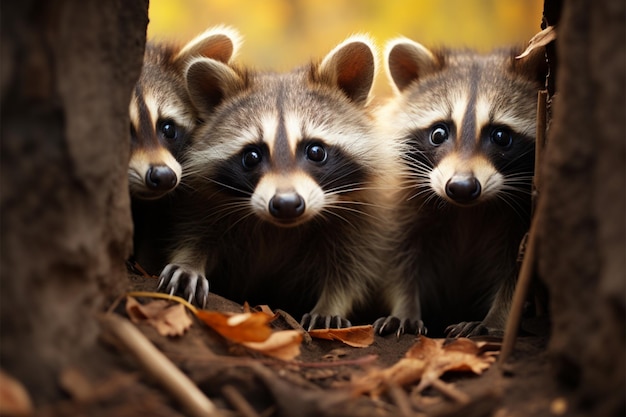 Les ratons laveurs ajoutent de l'humour à la forêt d'automne dans le règne animal