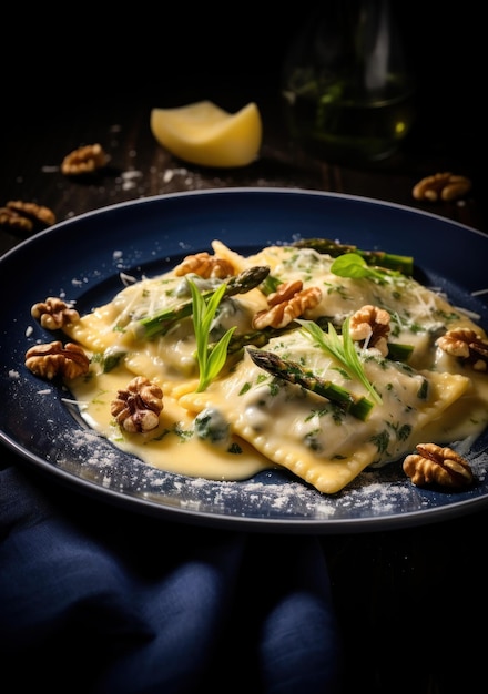 ravioli avec des asperges avec des noix sur une assiette