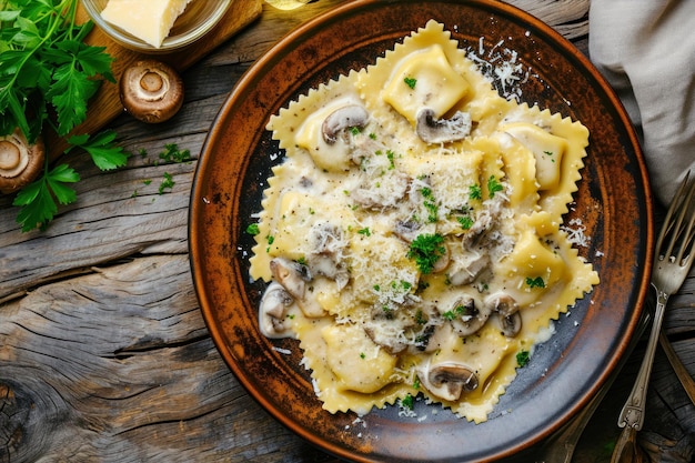 Ravioli avec des champignons et du parmesan sur un fond en bois foncé teinté focus sélectif