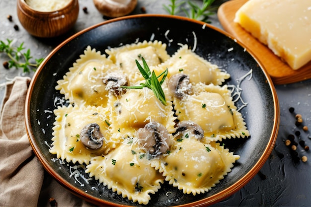 Photo ravioli avec des champignons et de la sauce à la crème vue de haut