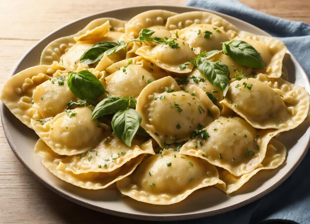 Des raviolis délicieux sur une assiette avec du basilic