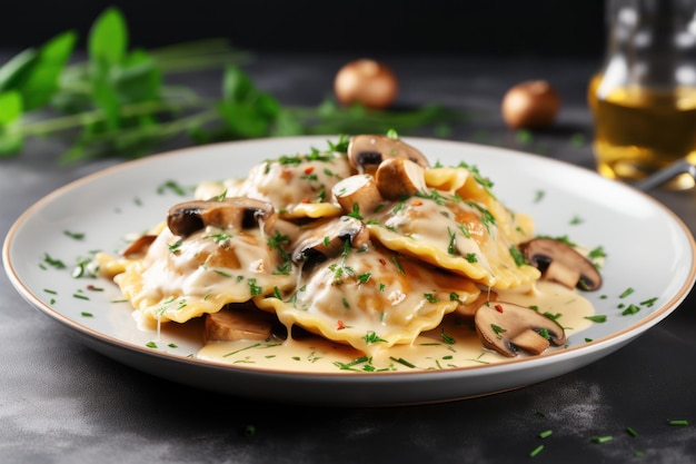 Des raviolis délicieux avec des champignons servis sur une table grise en gros plan