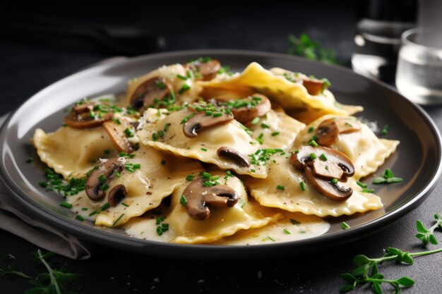 Des raviolis délicieux avec des champignons servis sur une table grise en gros plan