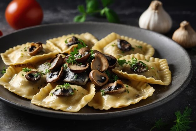 Des raviolis délicieux avec des champignons servis sur une table grise en gros plan