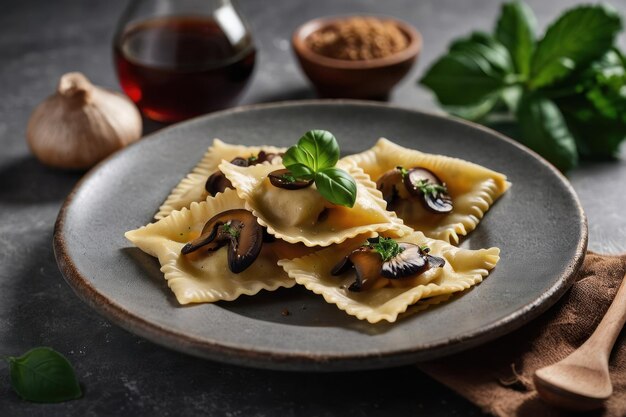 Des raviolis délicieux avec des champignons servis sur une table grise en gros plan