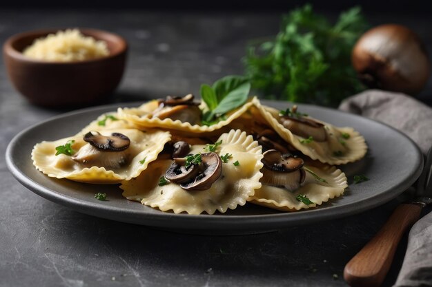 Des raviolis délicieux avec des champignons servis sur une table grise en gros plan