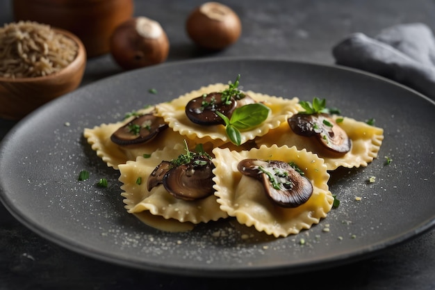 Des raviolis délicieux avec des champignons servis sur une table grise en gros plan