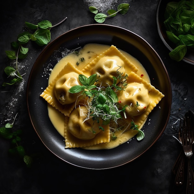 Raviolis italiens aux épinards et à la ricotta sur fond rustique en bois