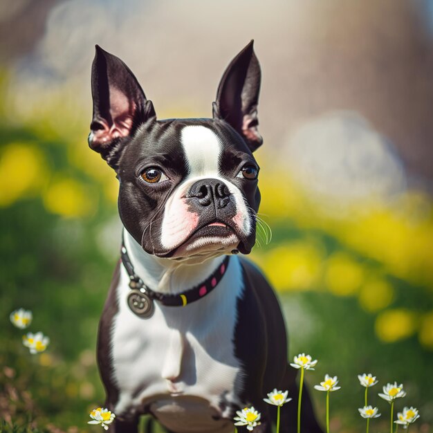 Ravissant portrait extérieur numérique hyper réaliste d'un chien boston terrier heureux