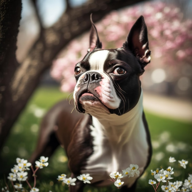 Ravissant portrait extérieur numérique hyper réaliste d'un chien boston terrier heureux