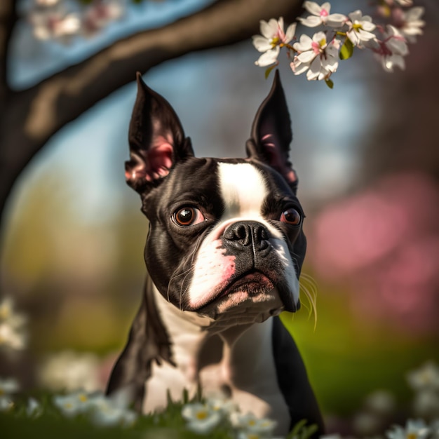 Ravissant portrait extérieur numérique hyper réaliste d'un chien boston terrier heureux