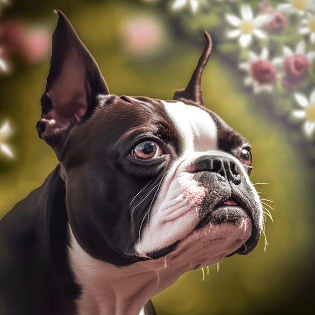 Ravissant portrait extérieur numérique hyper réaliste d'un chien boston terrier heureux