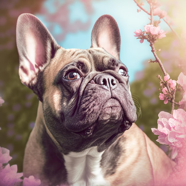 Ravissant portrait numérique hyper réaliste d'un bouledogue français heureux dans la nature