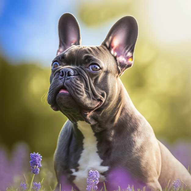 Ravissant portrait numérique hyper réaliste d'un bouledogue français heureux dans la nature