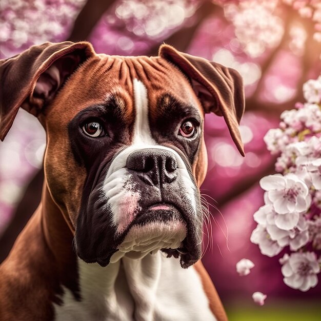 Ravissant portrait numérique hyper réaliste de chien boxer heureux en plein air naturel