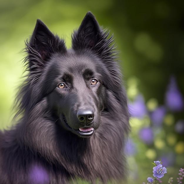 Ravissant portrait réaliste de chien groenendael noir en plein air naturel