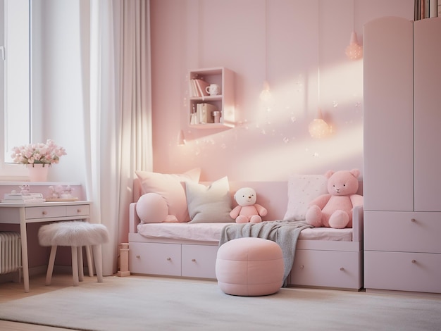 Ravissante chambre d'enfant rose ornée d'adorables meubles AI Generation
