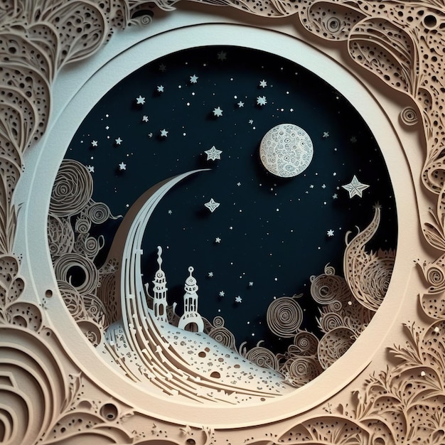 Ravissante illustration découpée en papier nuit étoilée au clair de lune rougeoyant