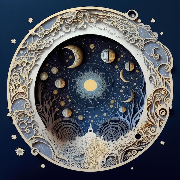 Ravissante illustration découpée en papier nuit étoilée au clair de lune rougeoyant
