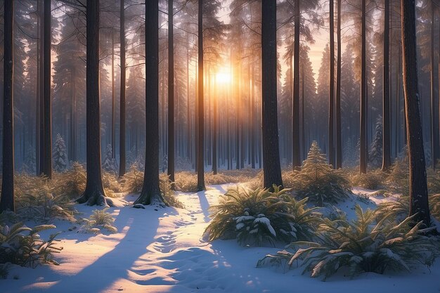 Photo les rayons du coucher de soleil de la forêt d'hiver