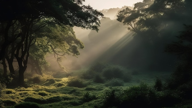 Les rayons du soleil brillent à travers les arbres de la forêt