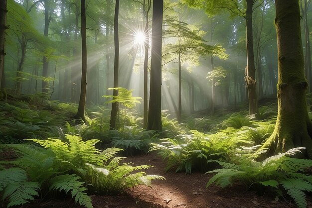 Les rayons du soleil brillent à travers la forêt naturelle de hêtres Les fougères couvrent le sol