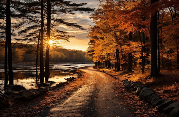 Les rayons du soleil doré se répandent dans la forêt d'automne