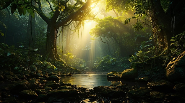 Les rayons du soleil de la forêt tropicale sombre à travers la jungle riche des arbres