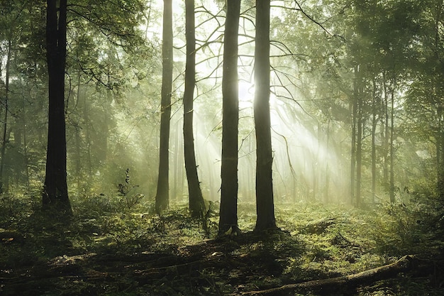 Les rayons du soleil illuminent la brume forestière du matin entre les arbres créés avec une IA générative