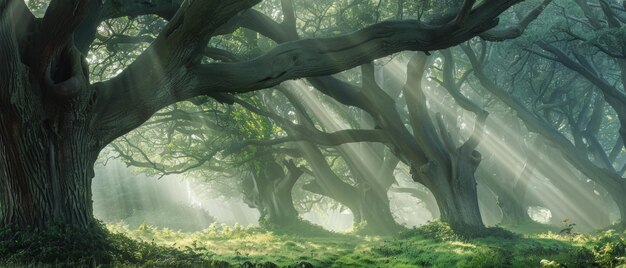 Les rayons du soleil perçoivent une forêt ancienne.