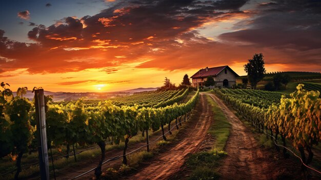 Les rayons du soleil scintillent sur un domaine viticole pittoresque et les vignes luxuriantes disposées en rangées soignées créent une belle scène crépusculaire