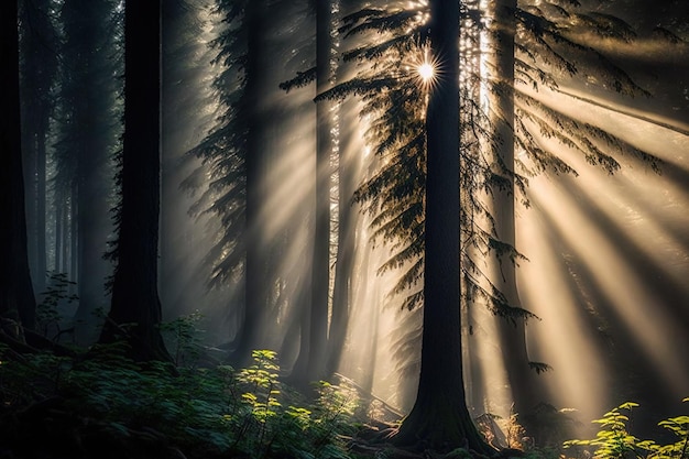 Les rayons du soleil à travers le brouillard et une forêt naturelle d'épicéas créent une atmosphère mystique