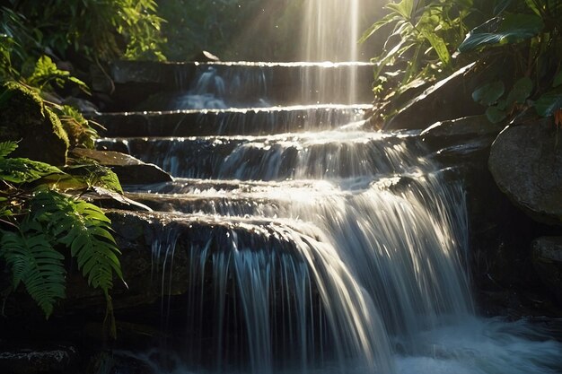 Les rayons du soleil à travers les cascades d'eau