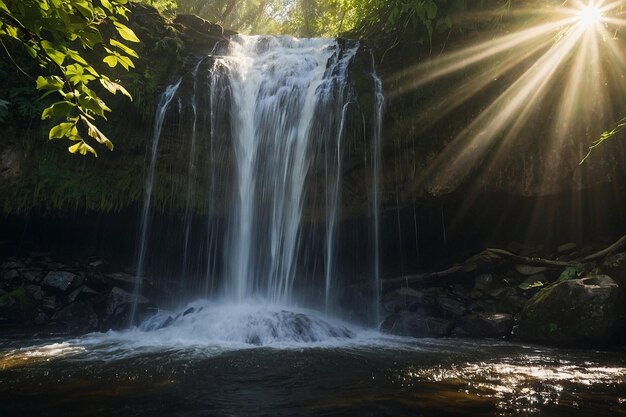 Les rayons du soleil à travers les cascades d'eau