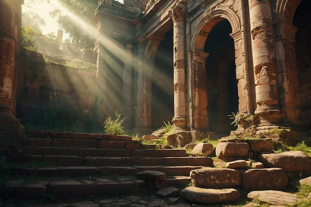 Les rayons du soleil à travers les ruines anciennes