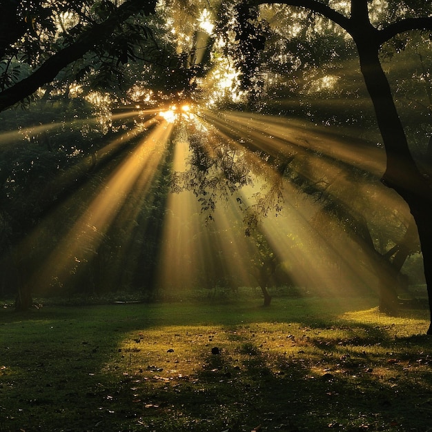 Les rayons de lumière du soleil du matin perçant à travers l'arbre générés par ai