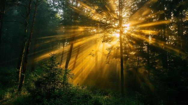 Les rayons de lumière du soleil du matin perçant à travers l'arbre générés par ai