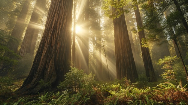 Rayons de lumière du soleil filtrant à travers les grands arbres forestiers