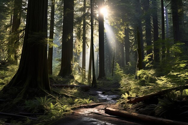 Des rayons de lumière à travers la forêt